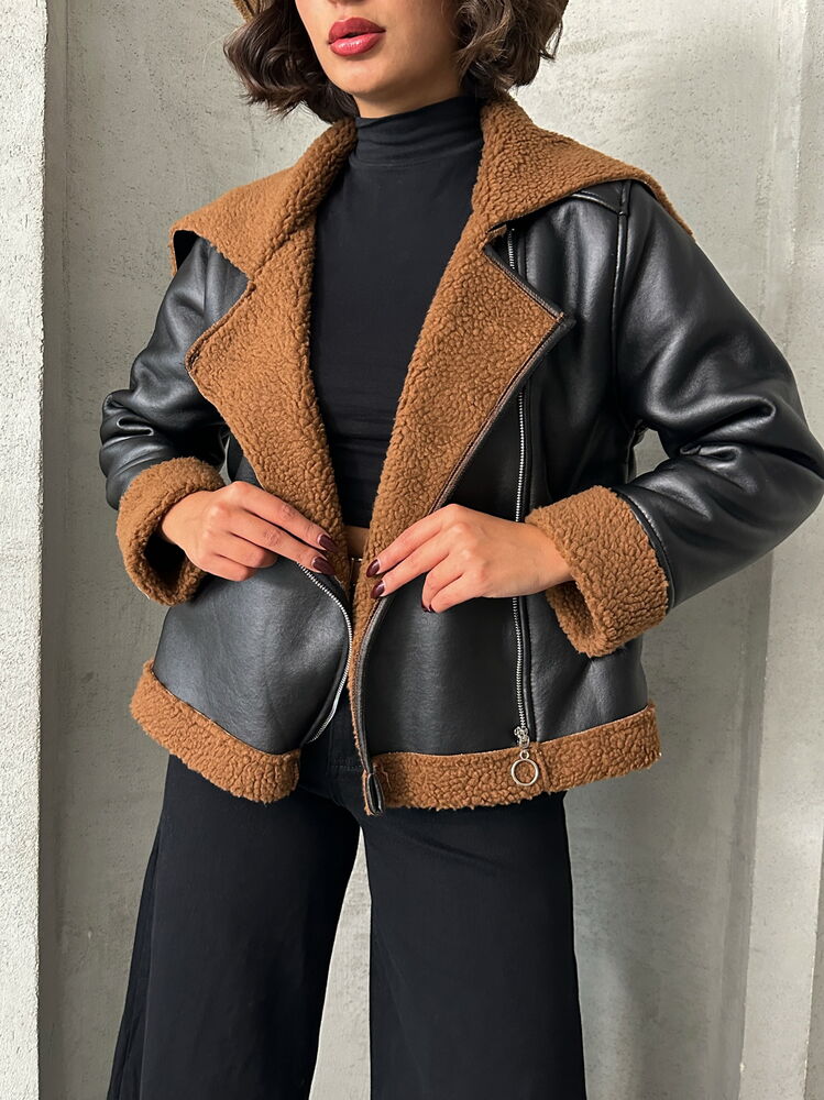 Lederjacke mit Teddy Fütterung