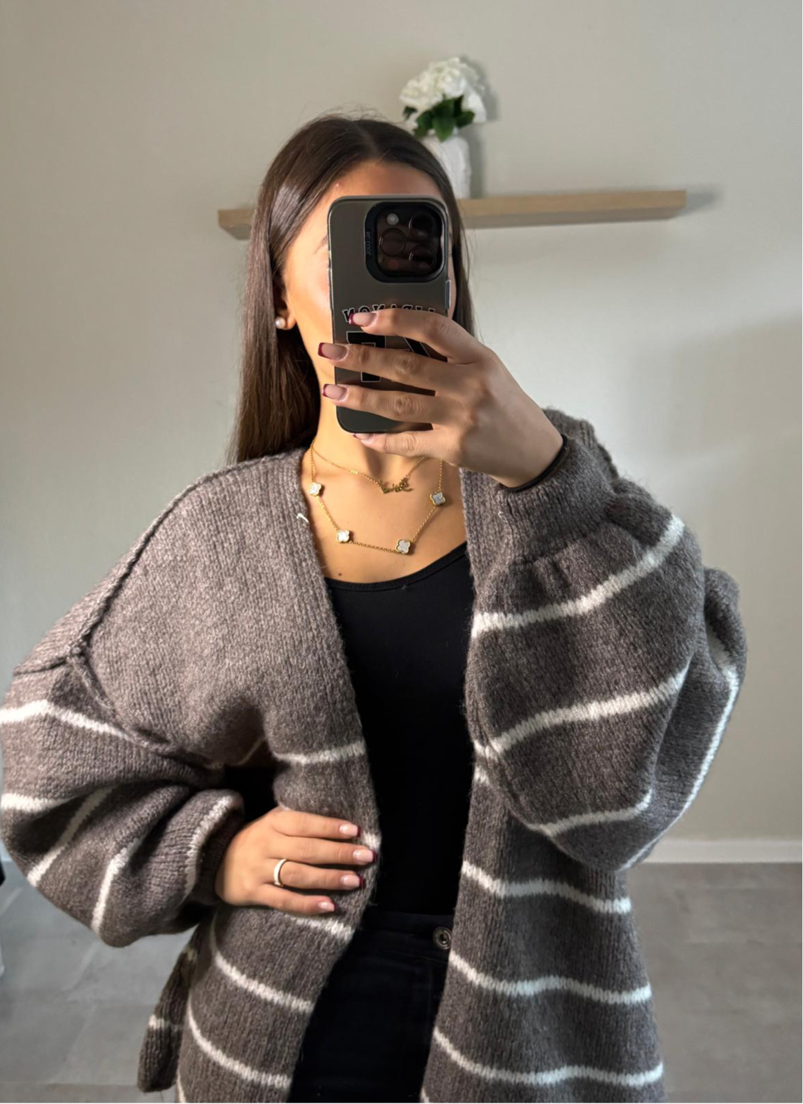 Strick Cardigan Taupe-Weiß